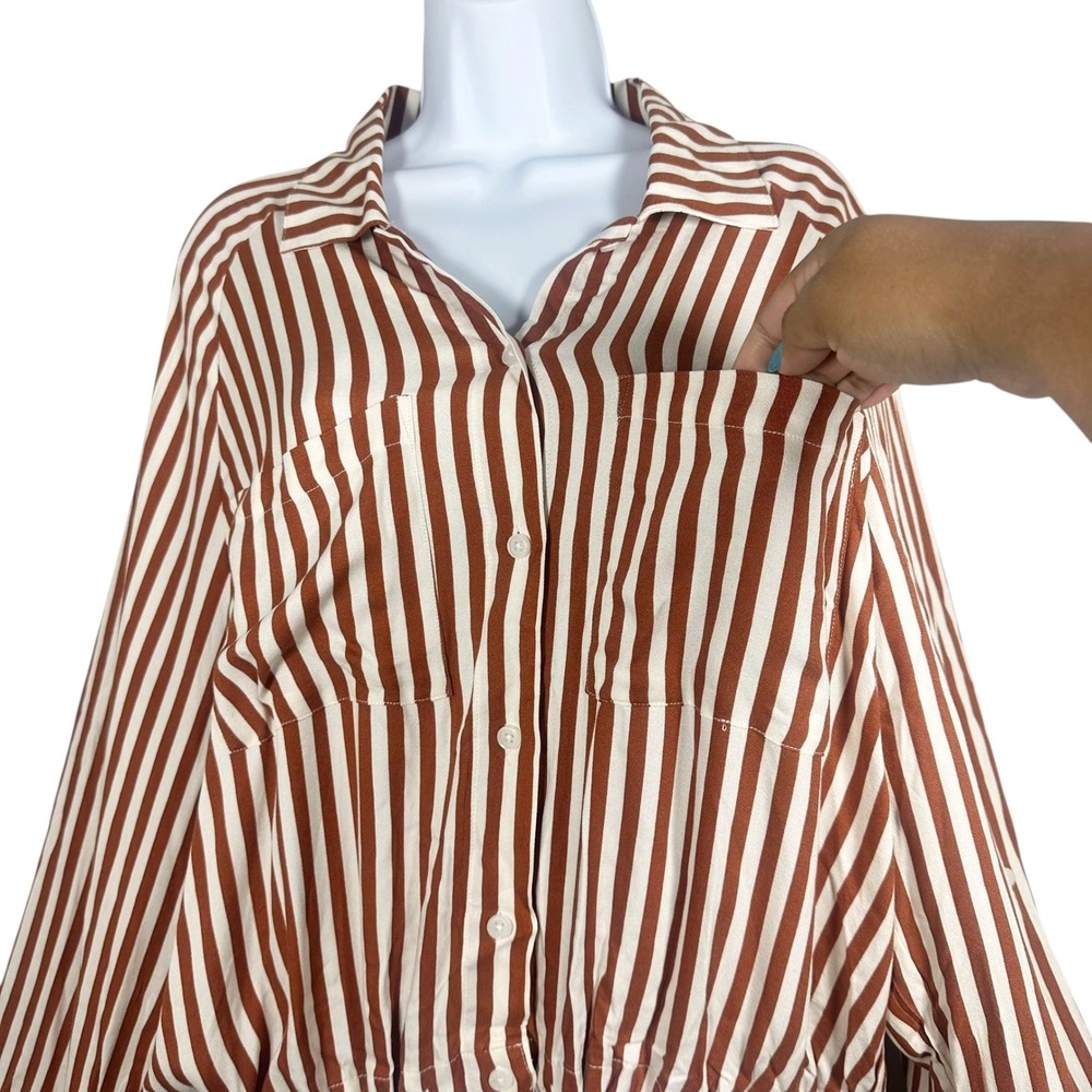LNA Evereve Alpine Striped Button Down Shirt Drawstring Hem Brown Ivory L NWT - Picture 8 of 13